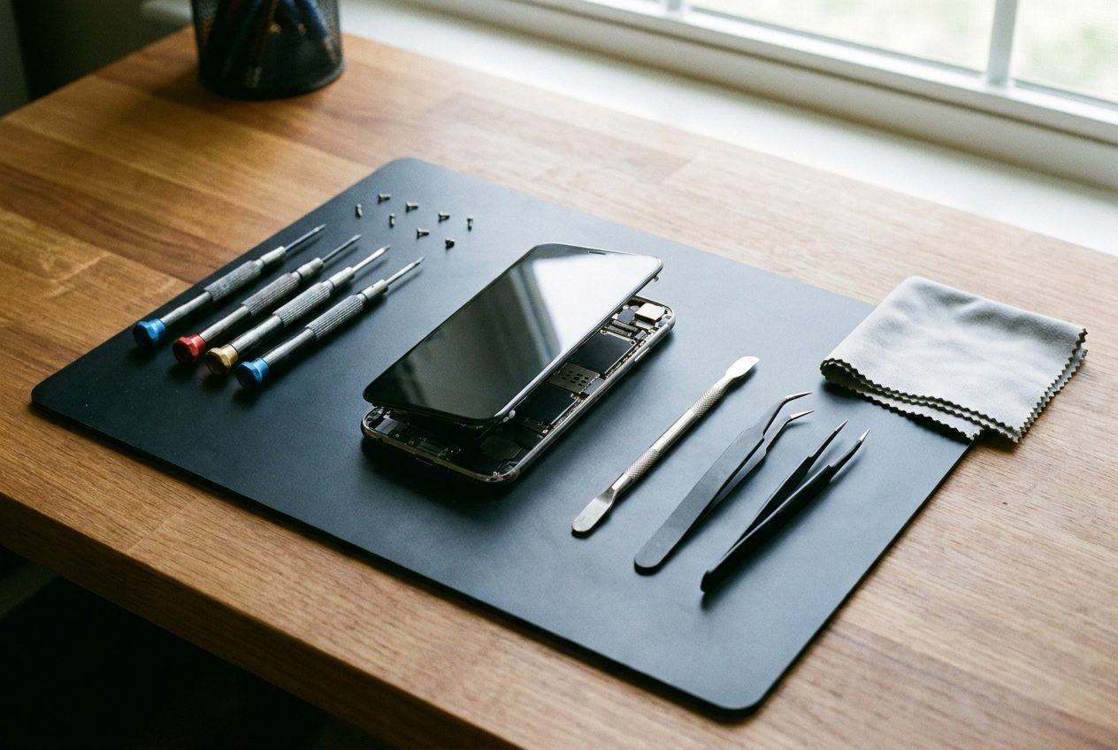 A phone repair workbench with precision screwdrivers, tweezers, an opened smartphone and a microfiber cloth laid out on a mat