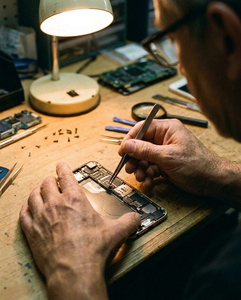 A technician using precision tweezers to repair an opened smartphone at the workbench